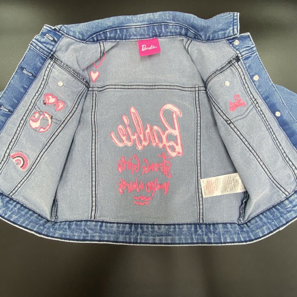 Barbie Denim Jacket Girls Size 7 Embroidered Patches Strong Girls Make Waves - Picture 9 of 16
